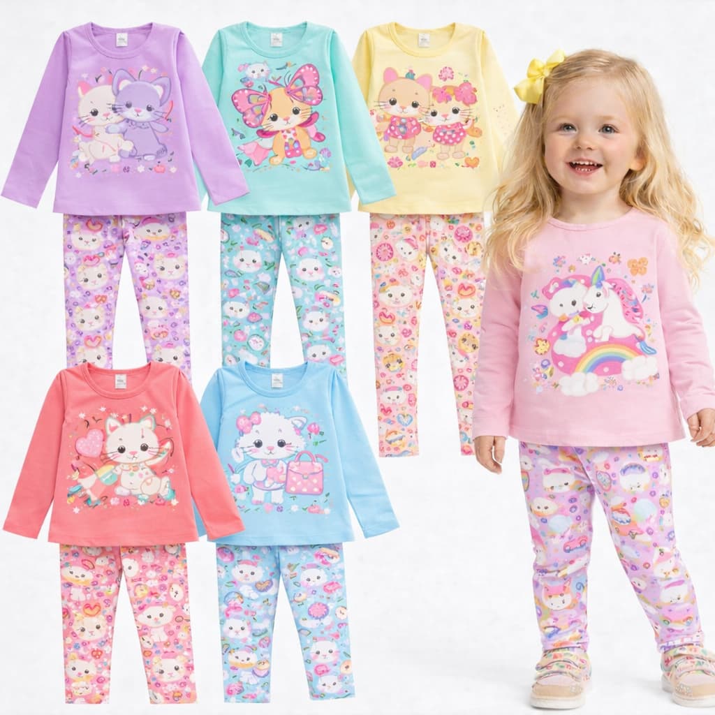 Kit 2 ou 6 Peças Conjunto Infantil Meia Estação Menina Blusa Manda Longa e Calça Legging Estampadas