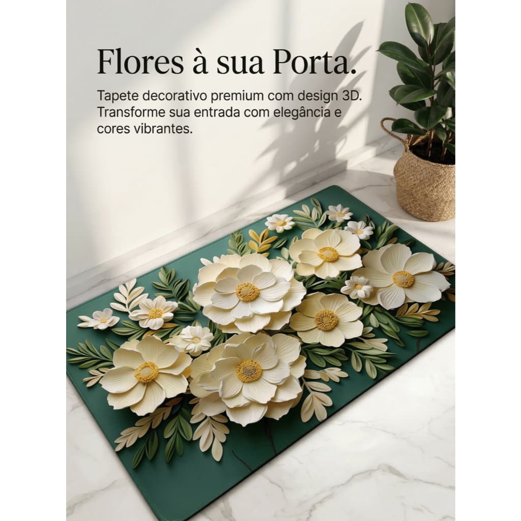 Tapete Antiderrapante 40x60cm 3D Floral Absorvente para Banheiro Cozinha Sala e Porta de Entrada