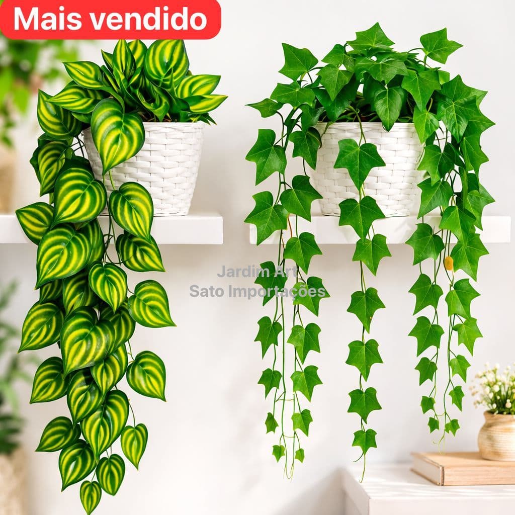Arranjo Completo 1 Vaso Vime Trançado BRANCO + 1 Pendente Planta Pendurada Hera Ivy Verde PT11BRANCO