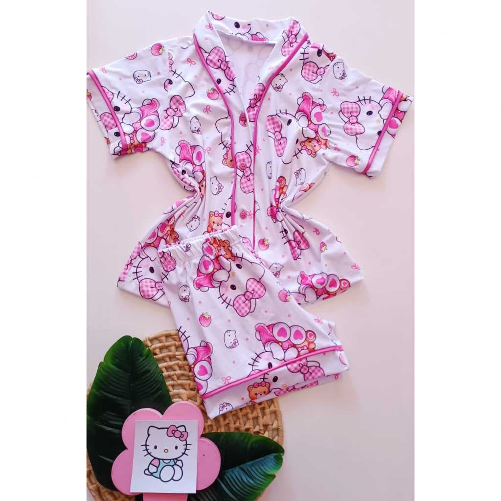 Pijama Infantil Americano Hello Kitty Laço Rosa , Suede Premium Alta Qualidade