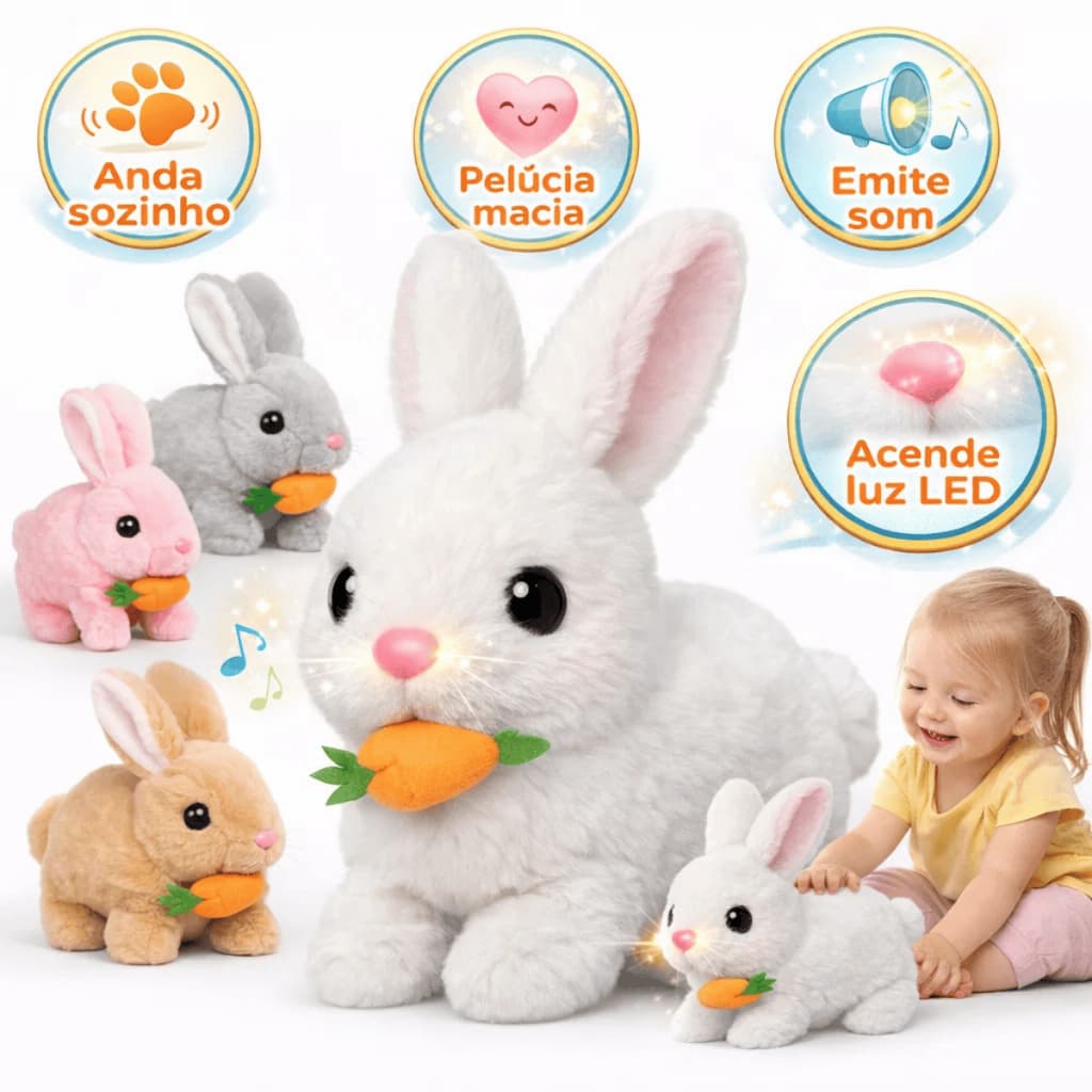 Bichinho Brinquedo De Pelúcia Coelho Coelhinho Elétrico Infantil Para Caminhar e Pular Páscoa