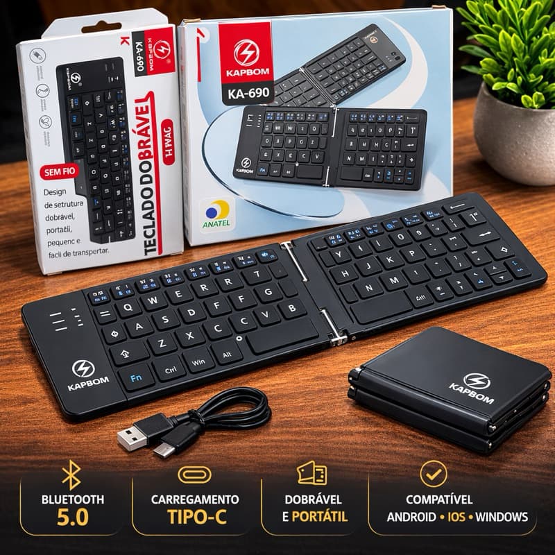 Teclado Bluetooth Dobrável Kapbom Sem Fio Portátil Compatível Android iOS Windows Tablet Celular PC