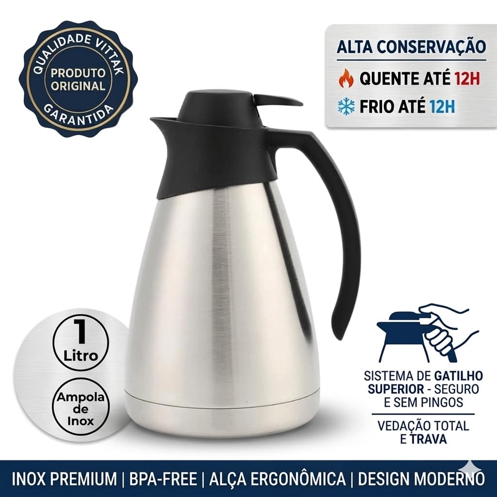 Vittak Garrafa Térmica Inox 1 Litro com Gatilho de Pressão Bule para Café Chá Leite Chimarrão, Mantém Quente e Frio