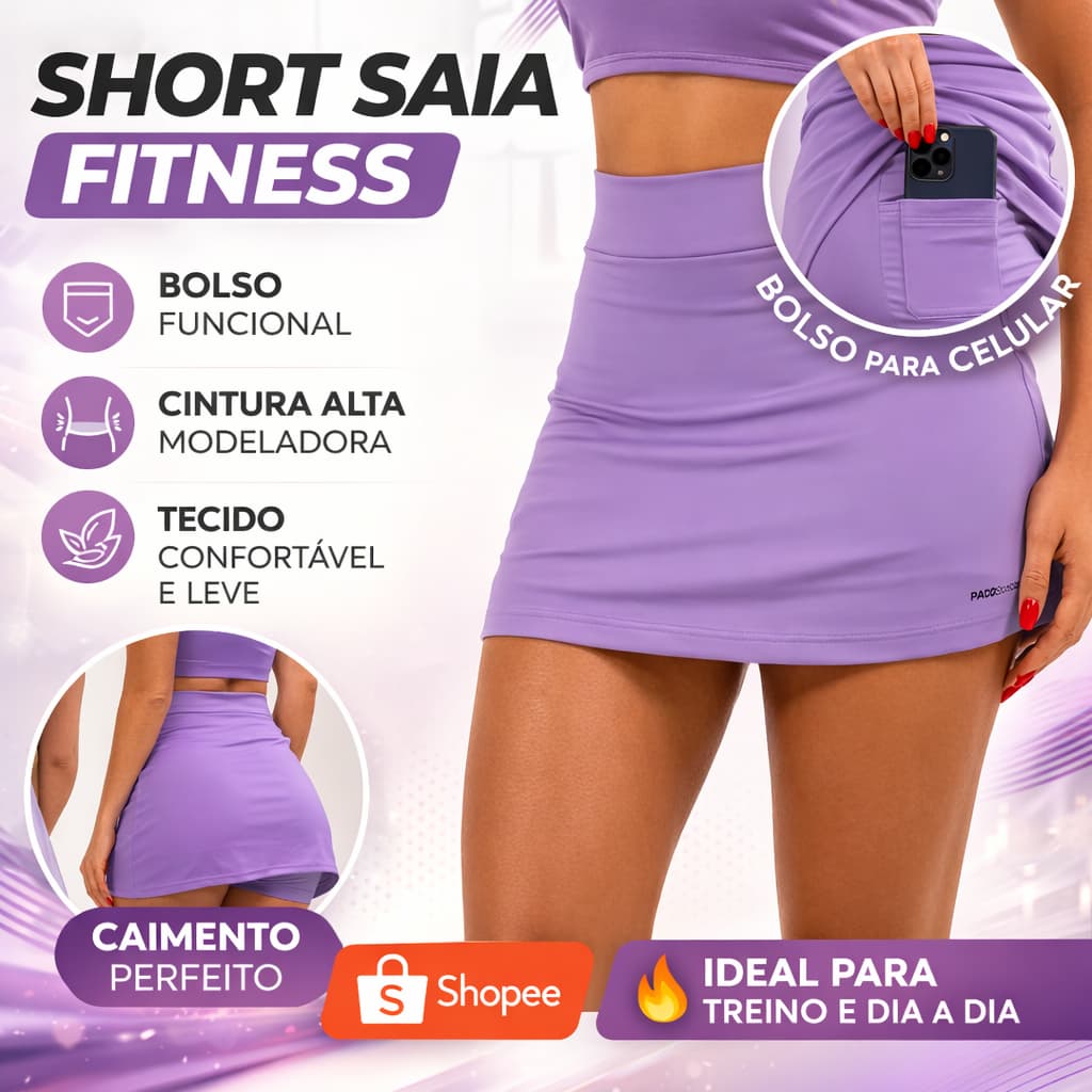 Shorts Saia Sport Tapa Bumbum Fitness Academia c/ ProteçãoUV 2 Bolso Oculto pra Celular/Chave