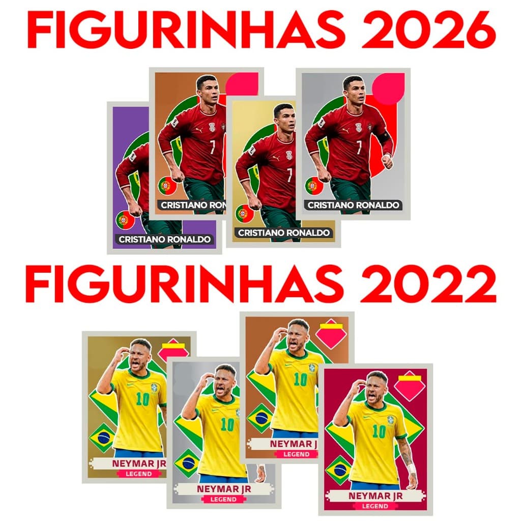 80 Figurinhas Legends 2026 Cristiano Ronaldo - CR7 - OURO -Extra Sticker Portugal - Messi, Neymar Copa do Mundo 2022