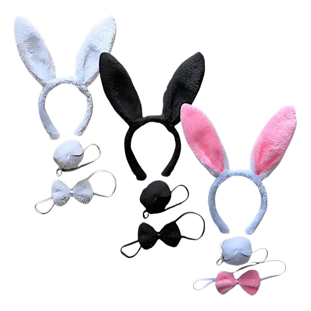 Kit Tiara de coelho com gravata e rabinho para festa fantasia cosplay Páscoa Coelhinha Preto