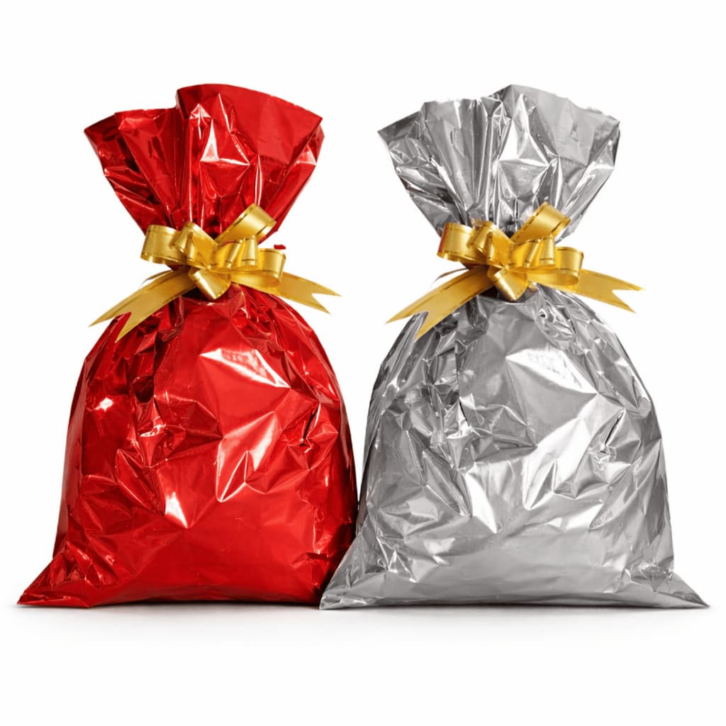 50 Sacos de Presente 20X30 Metalizado + 50 Laços Mágicos | Kit Embalagem Premium Festa