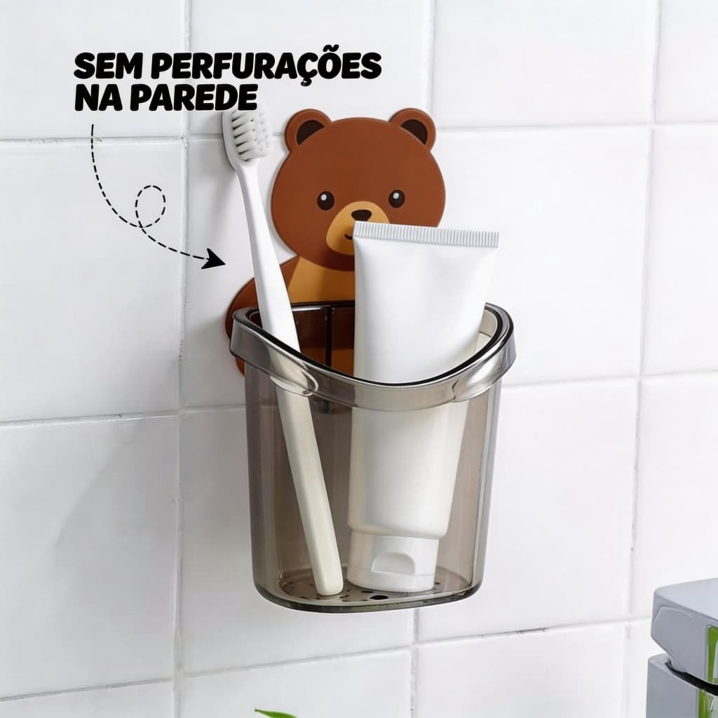 Porta Escova de Dentes Adesivo com Urso, Kit 2 Unidades, com Drenagem de Água