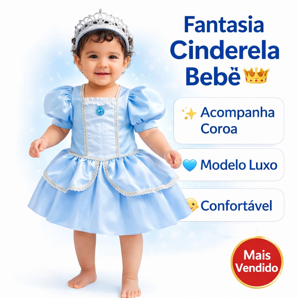 Fantasia Cinderela Bebê Luxo Princesa com Coroa  Festa Aniversário Mêsversario Menina Vestido Princesa Azul
