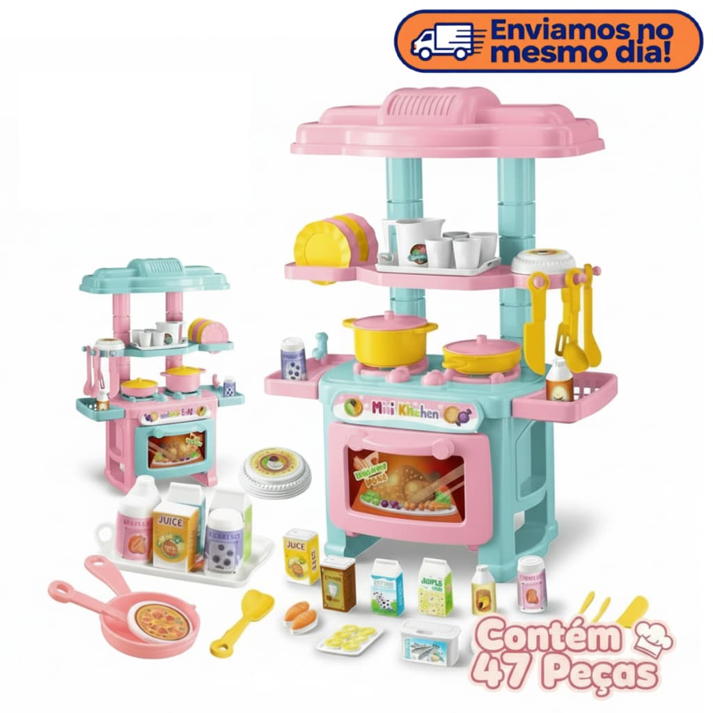 Mini Cozinha Infantil 47 Peças com Acessórios Brinquedo Educativo Faz de Conta