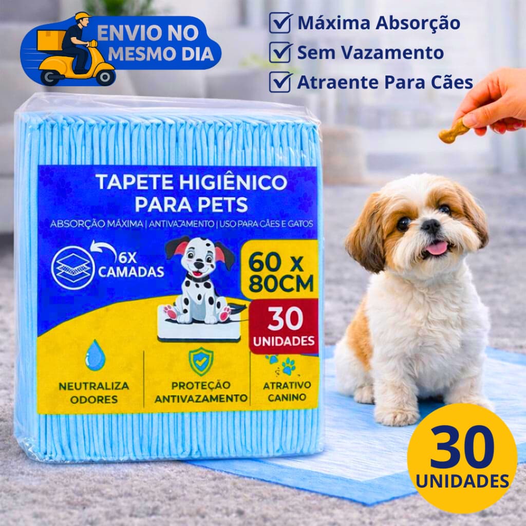 Tapete Higiênico Pet 80x60 30 Unidades Para Cães Absorvente Anti Vazamento Anti Odor Xixi Cachorro