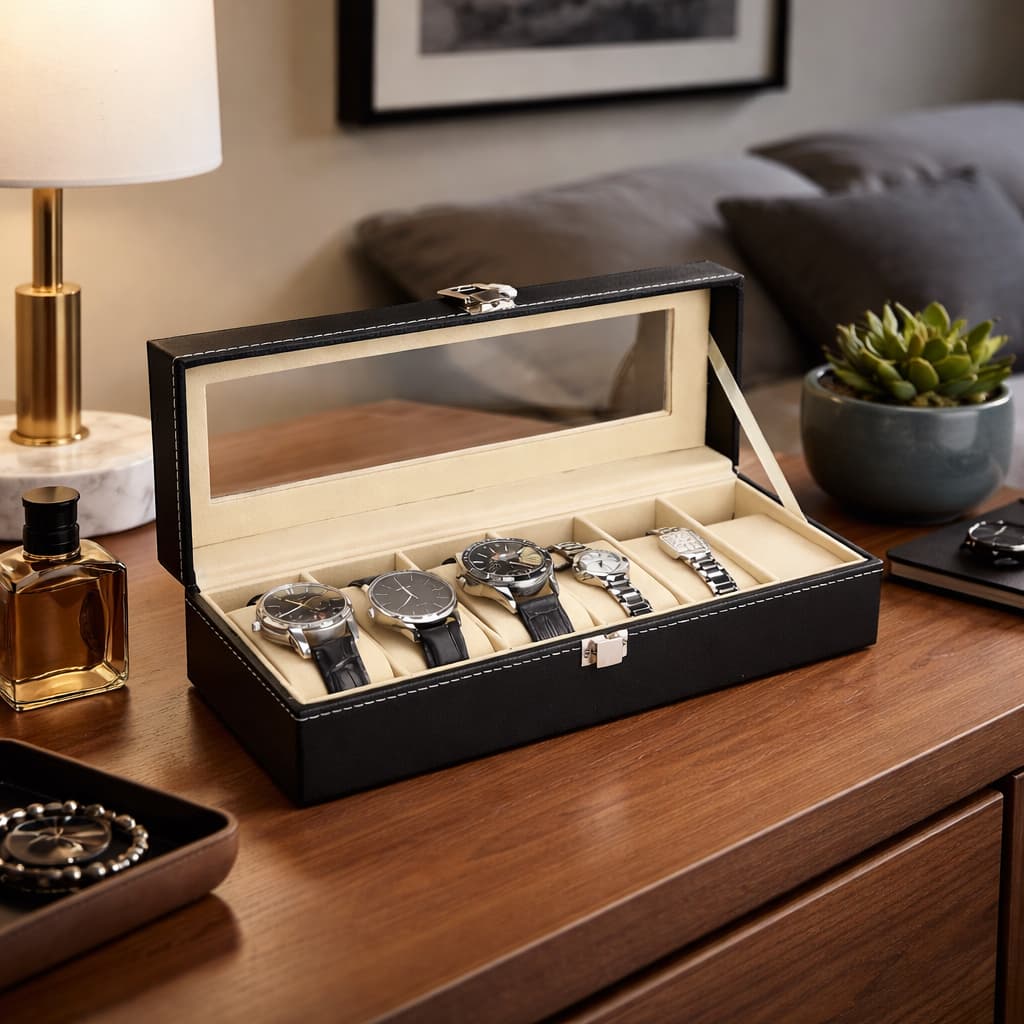 Caixa Organizadora para Relógios 6 Lugares com Visor Estojo Luxo Masculino Expositor com Almofadas Joias e Bijuterias