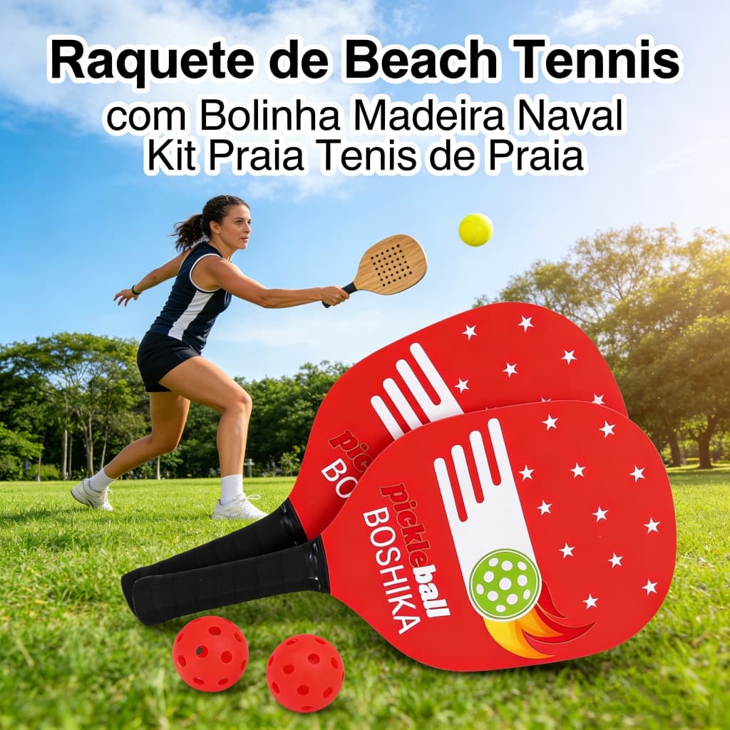 Raquete de Beach Tennis com Bolinha Madeira Naval Kit Praia Tenis de Praia