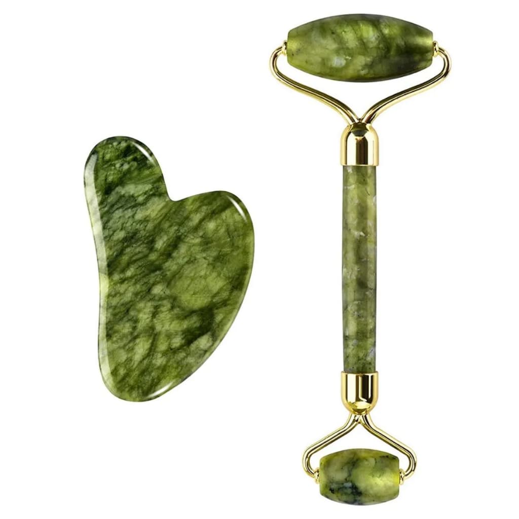 Kit Rolo Massageador Facil Pedra Jade + Gua Sha Pedra De Jade Anti Rugas