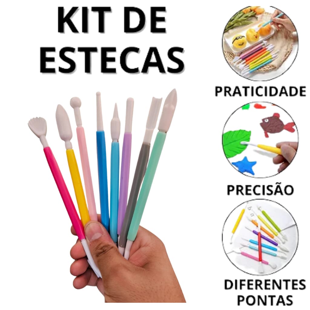 Kit 8 Estecas Pincel Modelador Biscuit Artesanato Pasta Americana