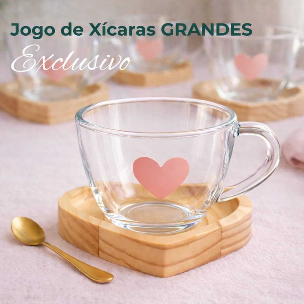 Jogo Xícaras Café Chá Pires  Madeira Coração Rosa Presente Dia das Mães Mesa Posta Cantinho do Café