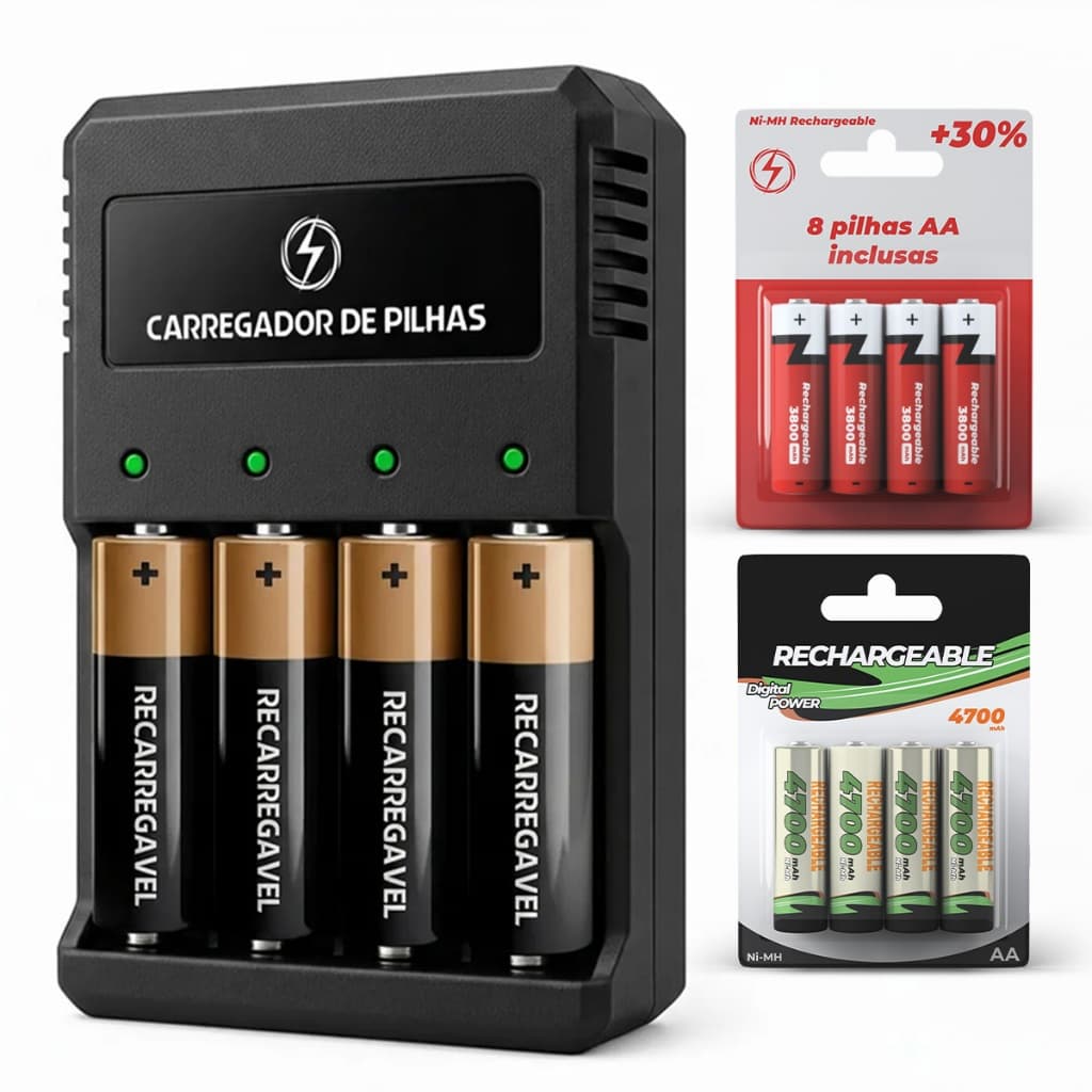 Carregador Bivolt Rápido + 4 Pilhas Aa E 4 Aaa Recarregáveis (Monte seu Kit)