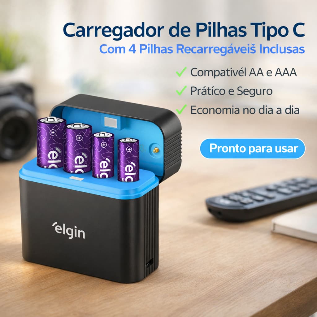 Carregador de Pilha tipo Box Elgin com 2 pilhas regarregáveis AA + 2 pilhas regarregáveis AAA + cabo