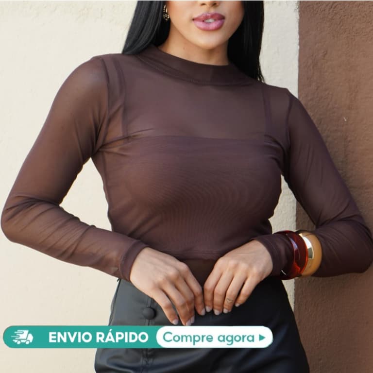Gola Simulada Blusa de Tule manga longa Malha /Transparente Sem Sutiã Moda Casual Tendencia 2026( tam M - GG - Plus)