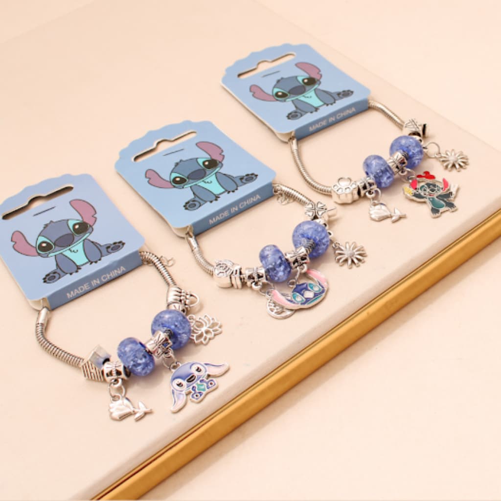 Kit 1 até 6 Pulseiras Berloques Stitch Infantil Prata Aço Inox Feminina Pingente Presente Crianças