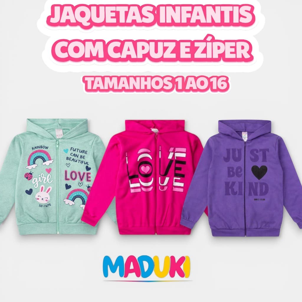 Jaqueta Infantil Juvenil Menina Inverno Premium com Ziper e Capuz