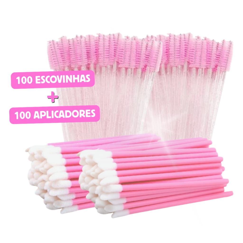 Kit 100 Escovinhas Cilios + 100 Aplicadores Gloss Batom Cotonete Limpeza Fio a Fio Lashes