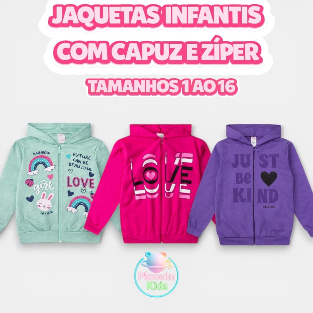 Jaqueta Infantil Juvenil Menina Inverno Premium com Ziper e Capuz