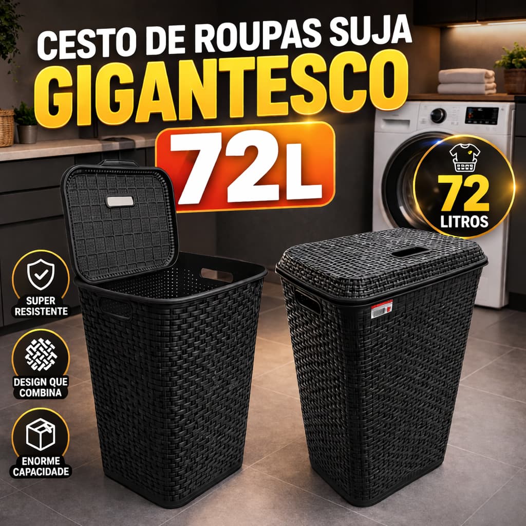 Cesto Roupa Suja 72L Gigante com Tampa Plástico Reforçado Super Resistente para Lavanderia Família