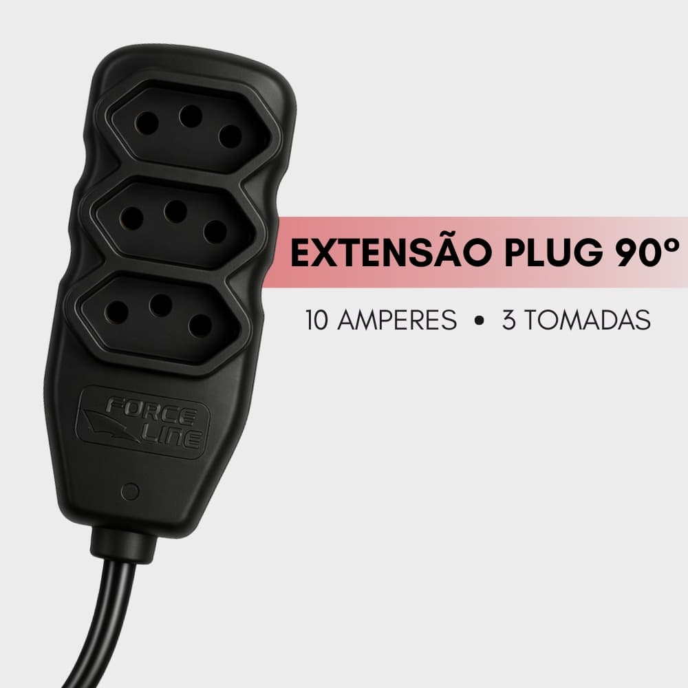 Extensão Slim Plug 90 Graus 3 Tomadas Tripolar 10A Bivolt 1 Metro Preto - Force Line