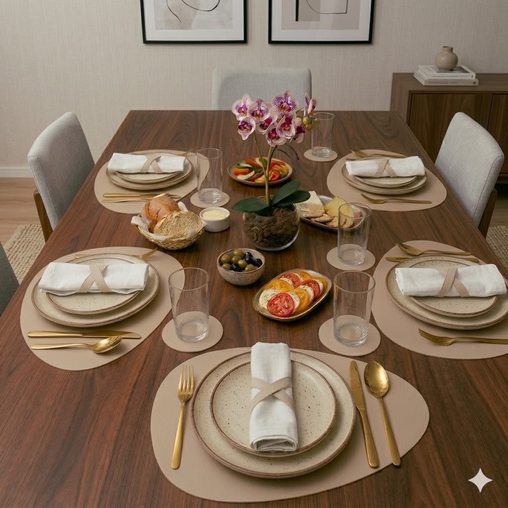 Kit Jogo Americano Couro para Mesa Posta + Argola para Guardanapo + Porta Copo