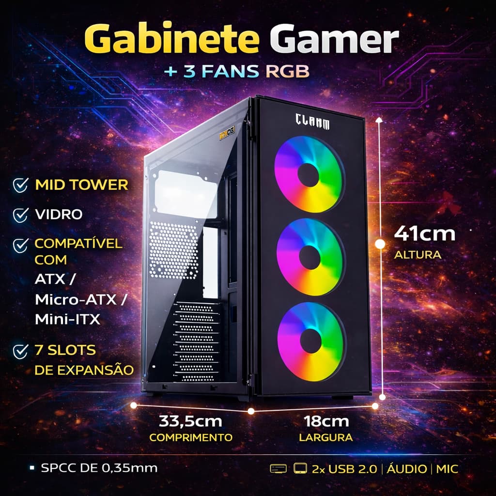 Gabinete Gamer SMOG C/ 3 FANS RGB - CLANM
