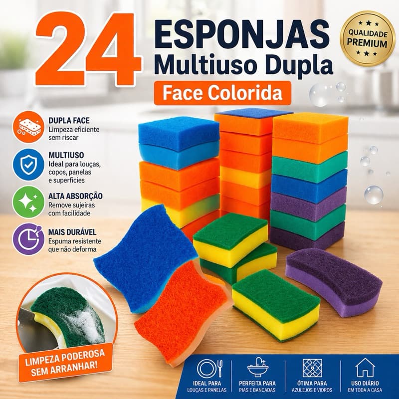 Kit 24 Esponjas Bucha de Lavar Louça Coloridas Dupla Face – Multiuso | Oferta com Pequenos Defeitos buchinha