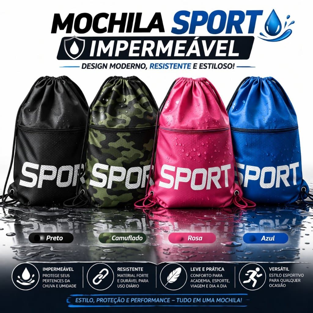 Bolsa Academia Unissex Impermeável - Preta, Rosa, Azul, Camuflado