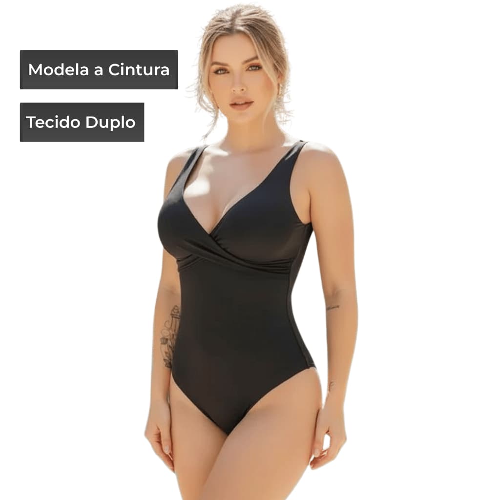 Body Modelador Feminino Cintura Definida Afina Silhueta Tecido Duplo + Bojo Praia/Hidroginástica
