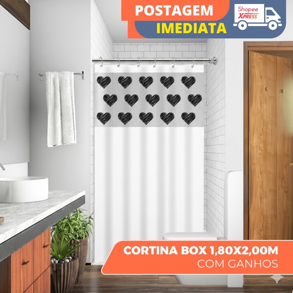 Cortina Box 1,80x2,00m Com Ganchos Pvc 100% Antimofo Cores e Estampas Variadas