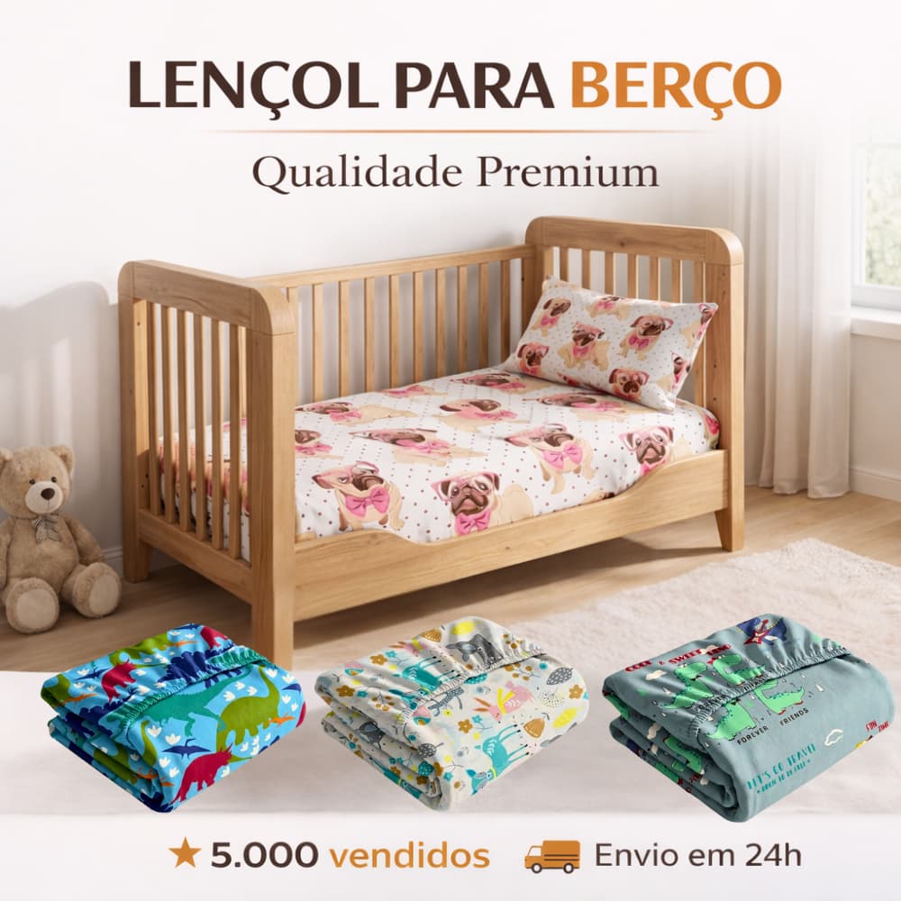 Jogo de Lençol Berço Americano 2 e 4 Peças – Lençol de Elástico + Fronha – Estampas Sortidas