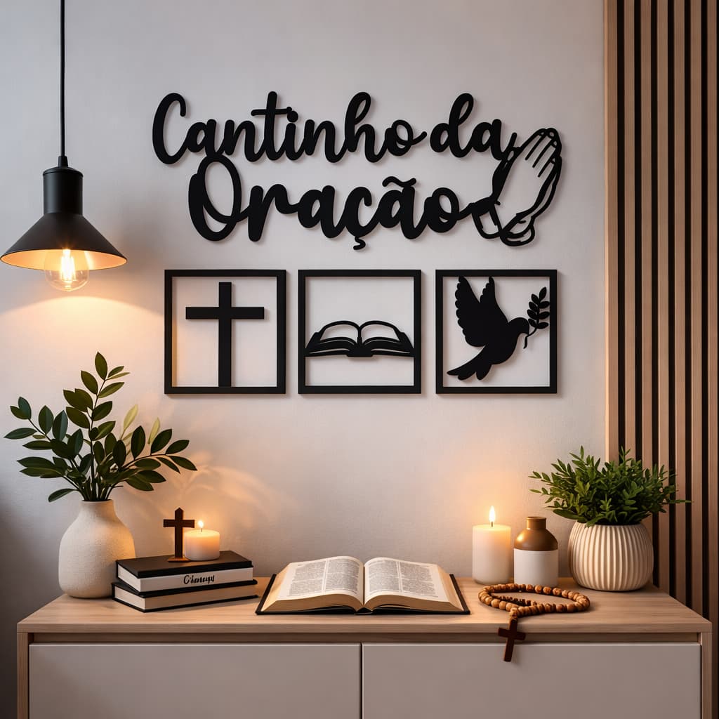 Kit Quadro Vazado Cantinho da Oração 4 Peças Montado Decoração Maravilhosa para Sala, Quarto