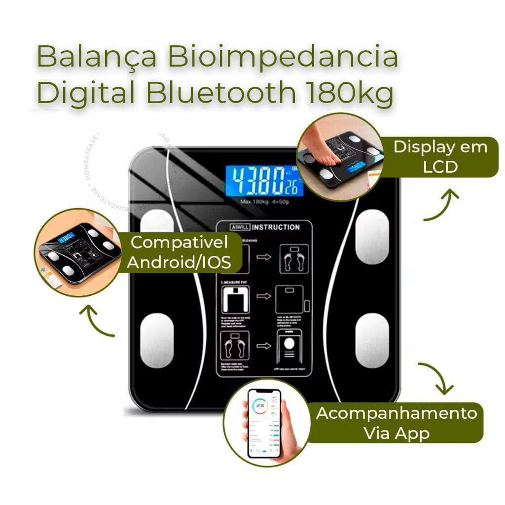 Balança Digital Corporal LCD até 180kg Alta Precisão Vidro Temperado