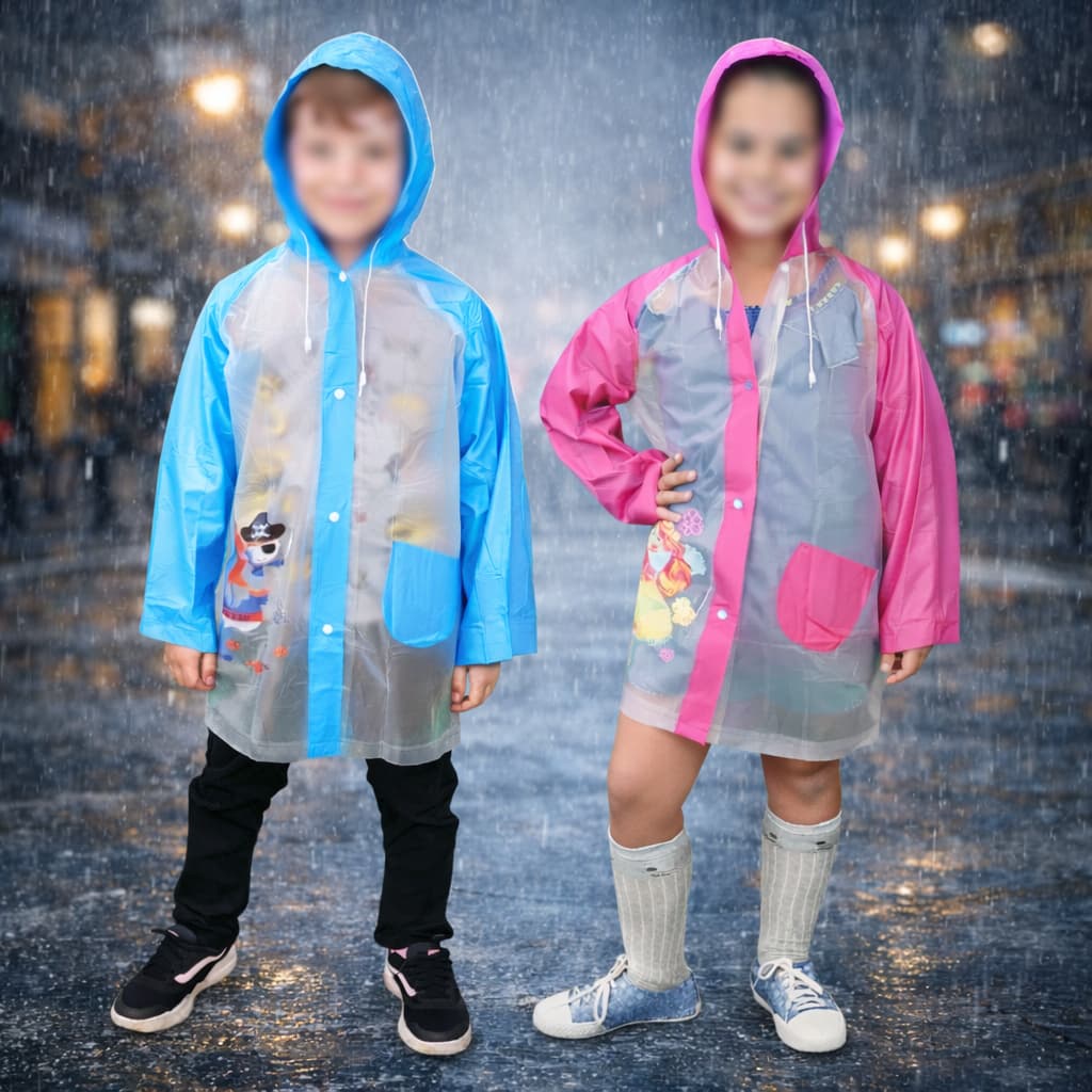 Capa de chuva infantil semi transparente com estampas menino menina com capuz e bolsos PVC