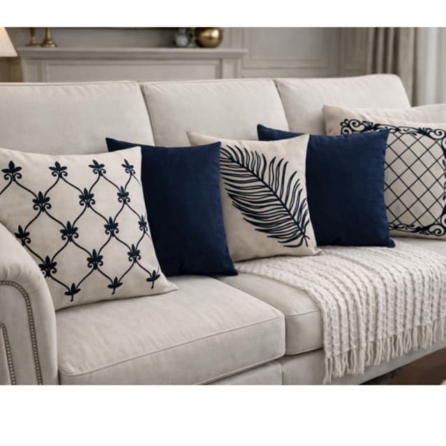 Kit 5 Capas de Almofadas de Linho Bordada com Suede Premium Ziper Invisível - 45x45cm (Sofá/ Cama)