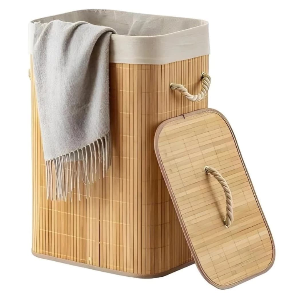 Cesto de Roupa Dobrável 70L em Bambu Natural com Tampa