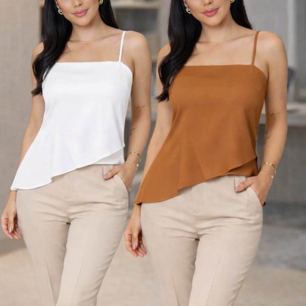 kit 2 Blusa Regata Femenina Assimétrica Moderna Bico Diagonal DUNA