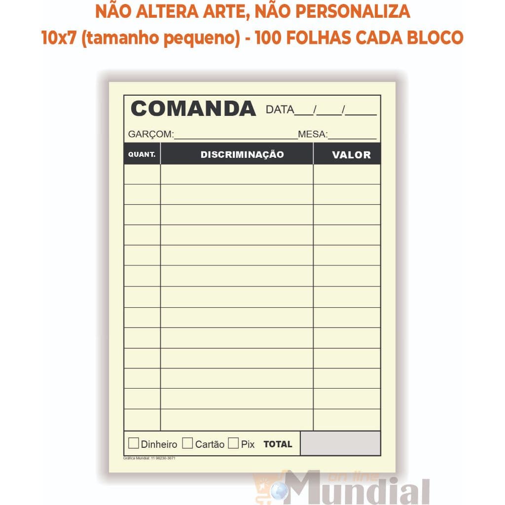 10 Blocos de Comanda 10x7 Padrão 100 folhas cada bloco Lanchonete Bar Restaurante Papelaria Anotação