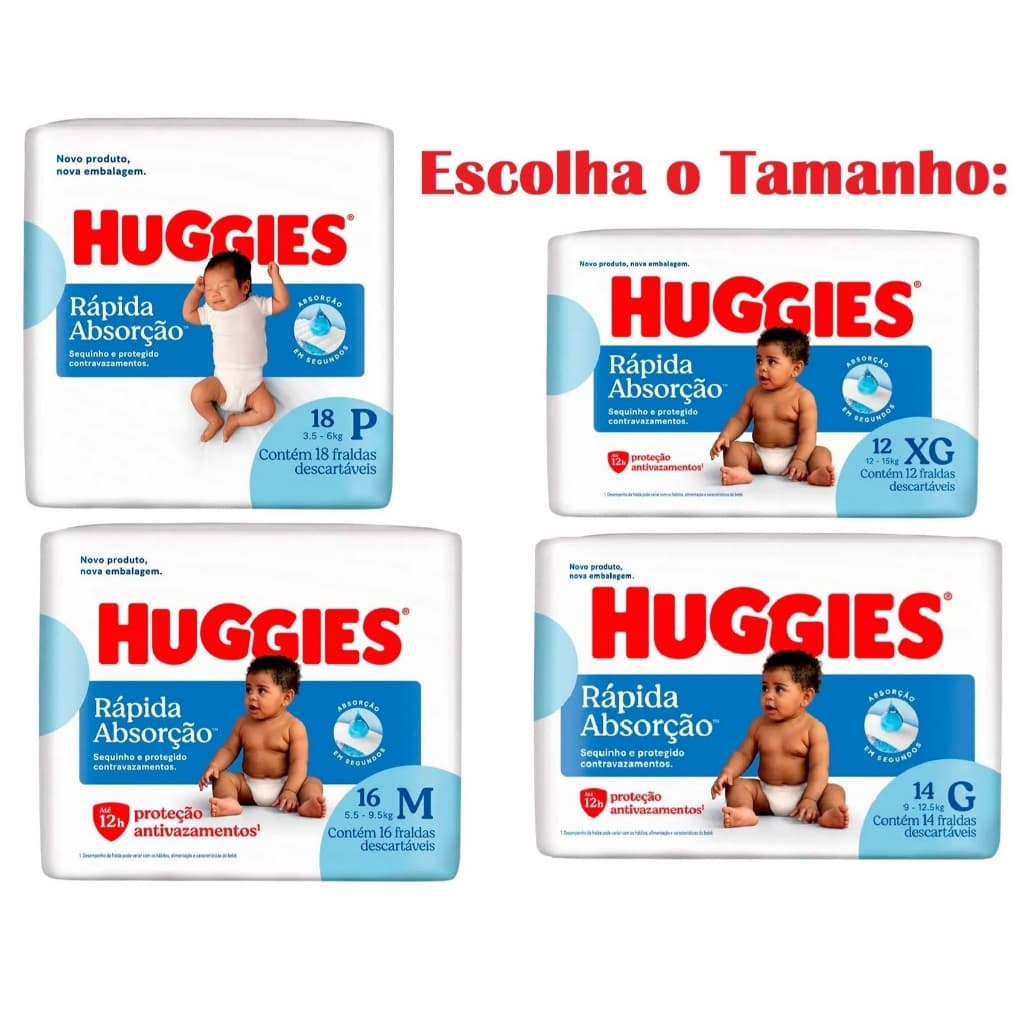 Fralda Descartáveis Huggies Rápida Absorção  | P | M | G | XG | XXG