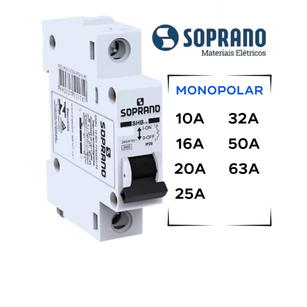 Disjuntor Monopolar 1 Polo 10A 16A 20A 25A 32A 50A 63A Curva C SOPRANO