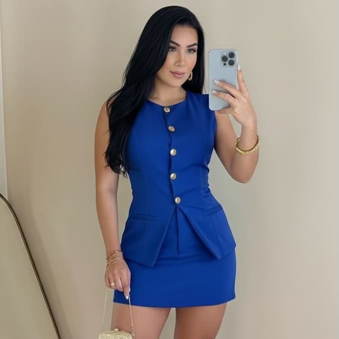 Conjunto Feminino Alfaiataria Colete e Short Saia com Bolso 5 Botões