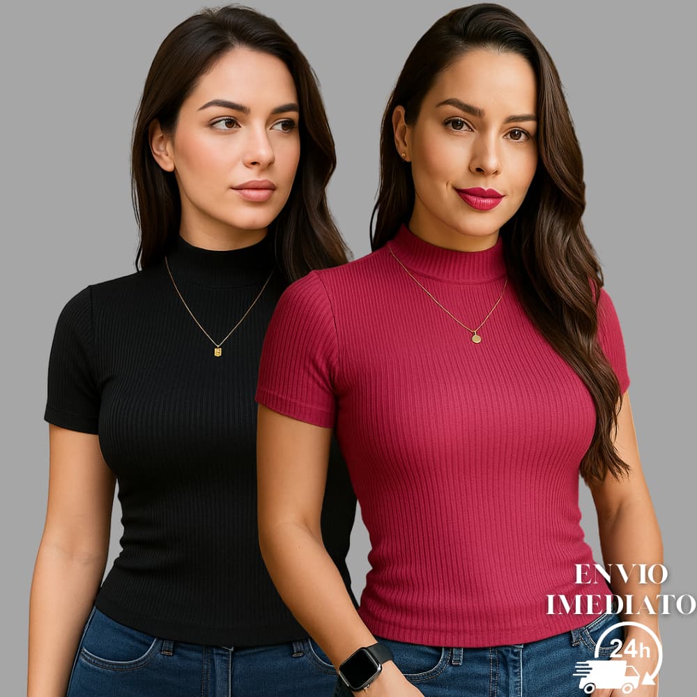 Kit 2 Blusa Canelada Feminina Manga Curta Gola Alta