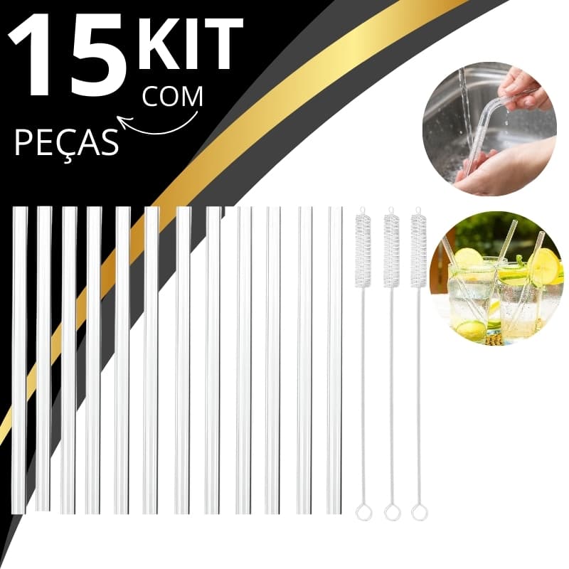 Kit 04/08/12 Canudos de Vidro Escova Transparente Ecológico e Higiênico