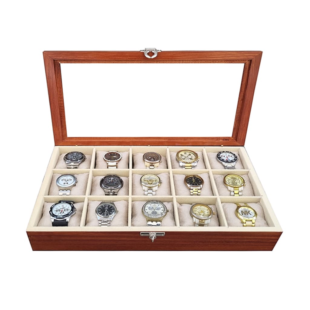 CAIXA RELÓGIOS MADEIRA MACIÇA MOGNO VELUDO BEGE 15 DIVISÕES
