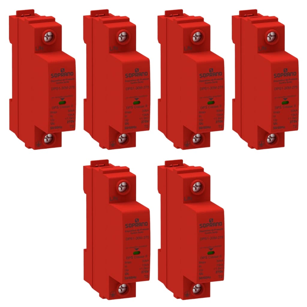Kit 6 Dispositivo Protetor Contra Surtos Anti Raio Dps Monobloco 1P 15-30KA 275VAC - DPS1-30M-275